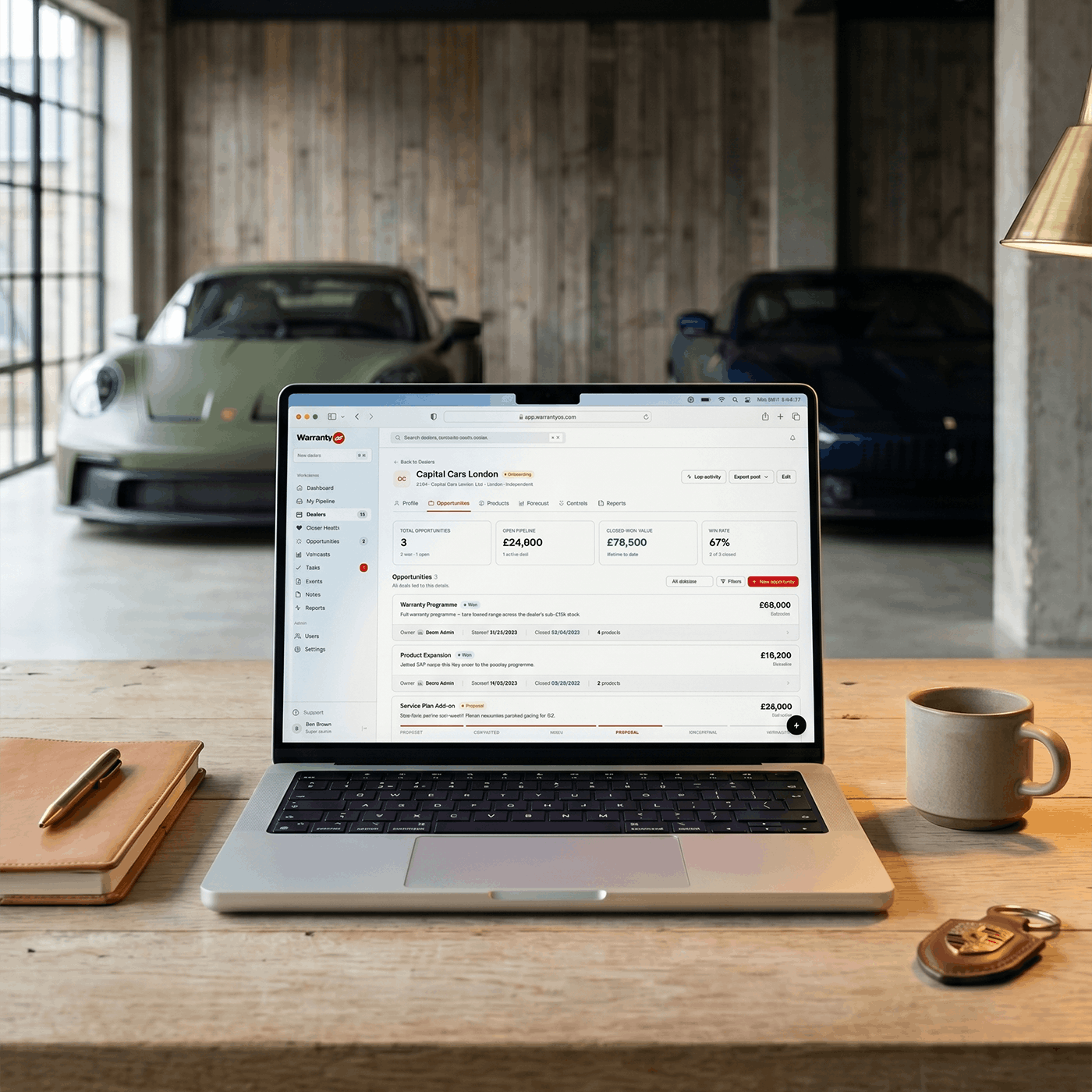 WarrantyOS CRM dashboard showing dealer opportunities, pipeline value, and account activity