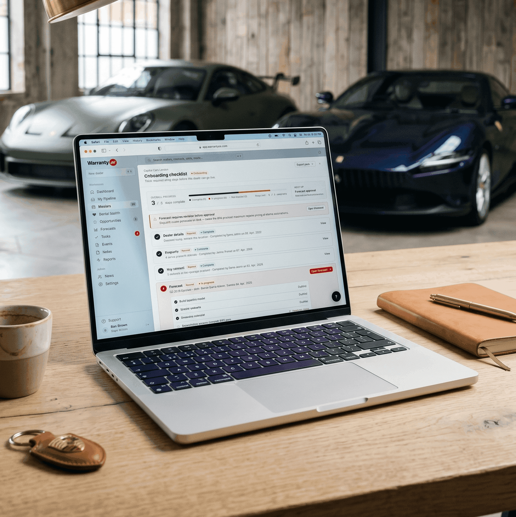 WarrantyOS onboarding workflow showing tasks, progress, and operational alerts