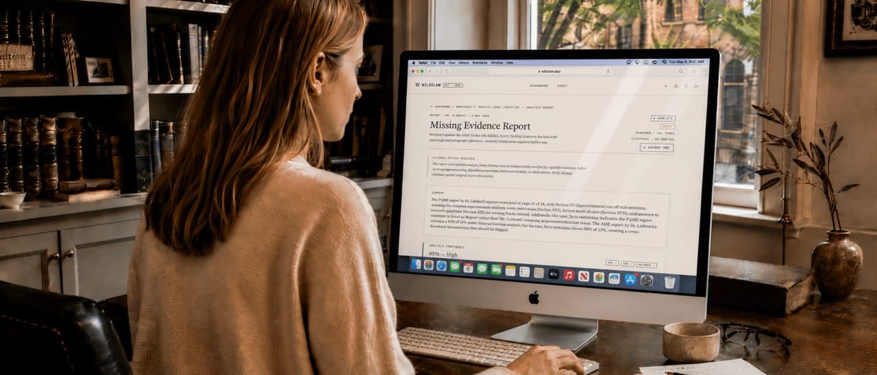 WilboLaw missing evidence report on desktop in a law office
